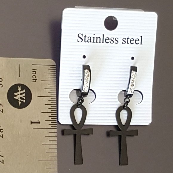 Cross CZ Bling Huggie Hoop Dangle Earrings Black Stainless steel - Picture 4 of 4